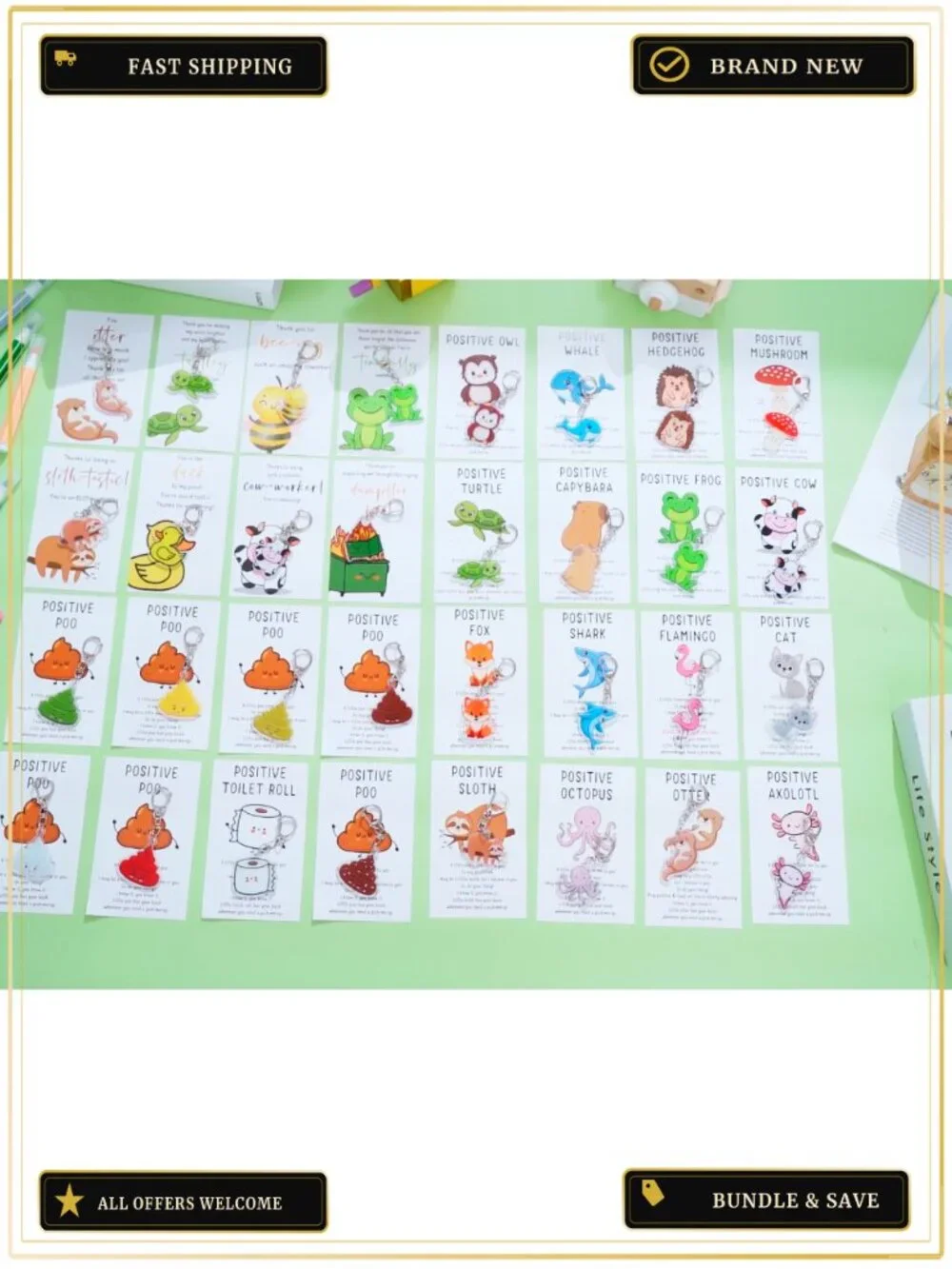 Positive Acrylic Animal Keychain Set with Inspirational Cards for Gifts
